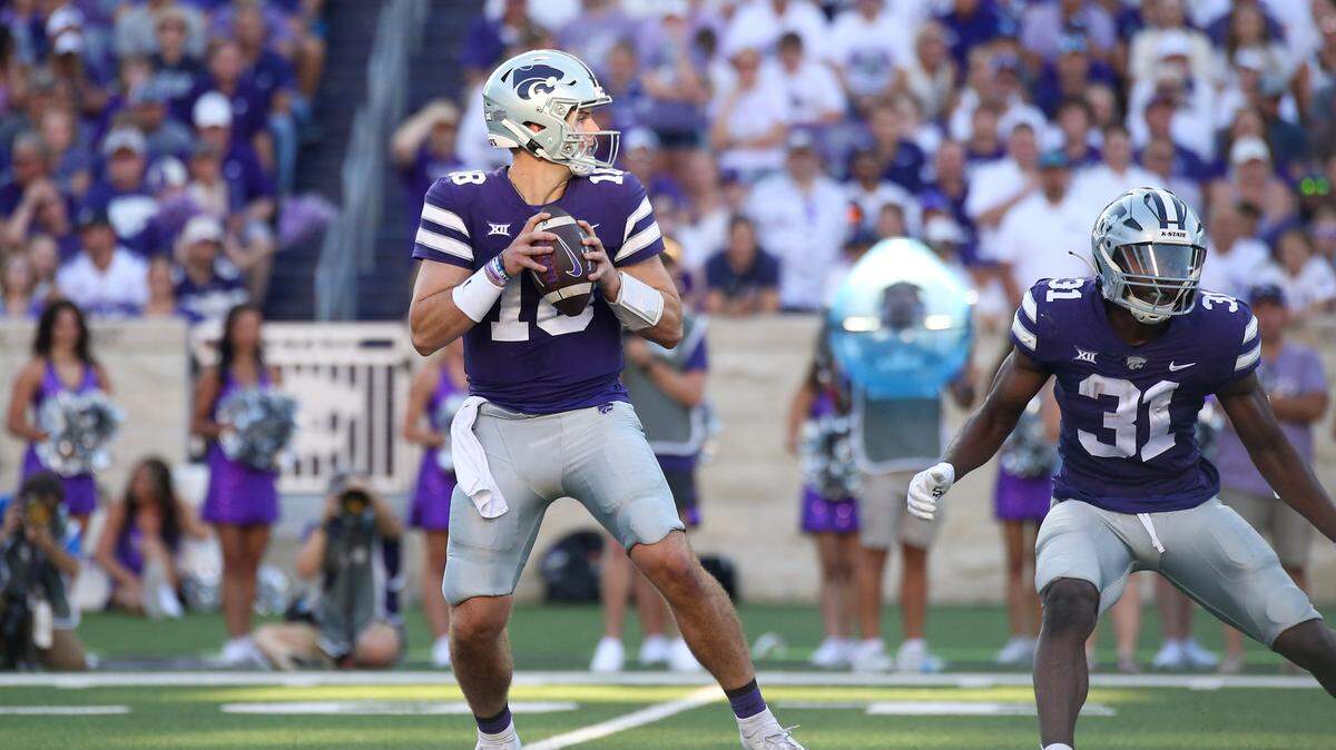 Kansas State Wildcats quarterback Will Howard (18) drops back to pass during the first quarter against the Southeast Missouri State Redhawks at Bill Snyder Family Football Stadium on Sept. 2, 2023.