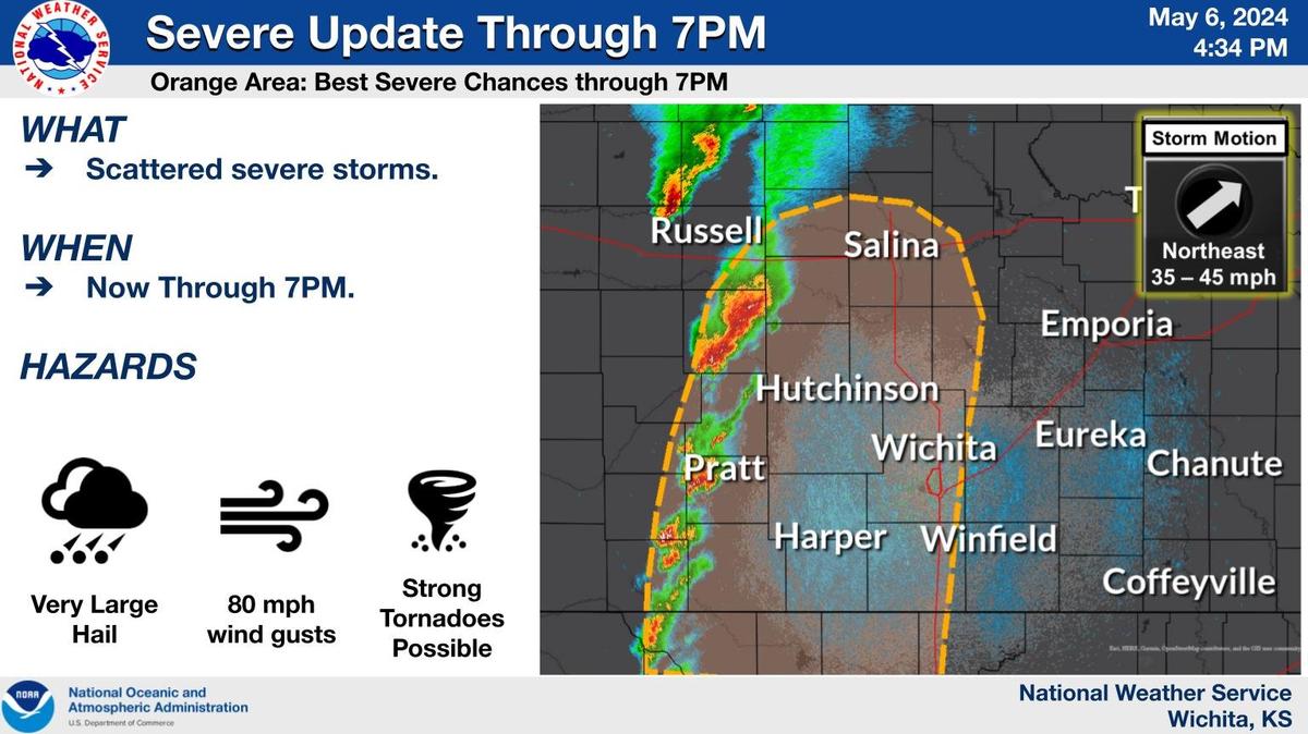 The National Weather Service has issued a tornado watch for the Wichita area until 11 p.m. on Monday, May 6. The most severe weather could hit the Wichita area by 7 p.m.