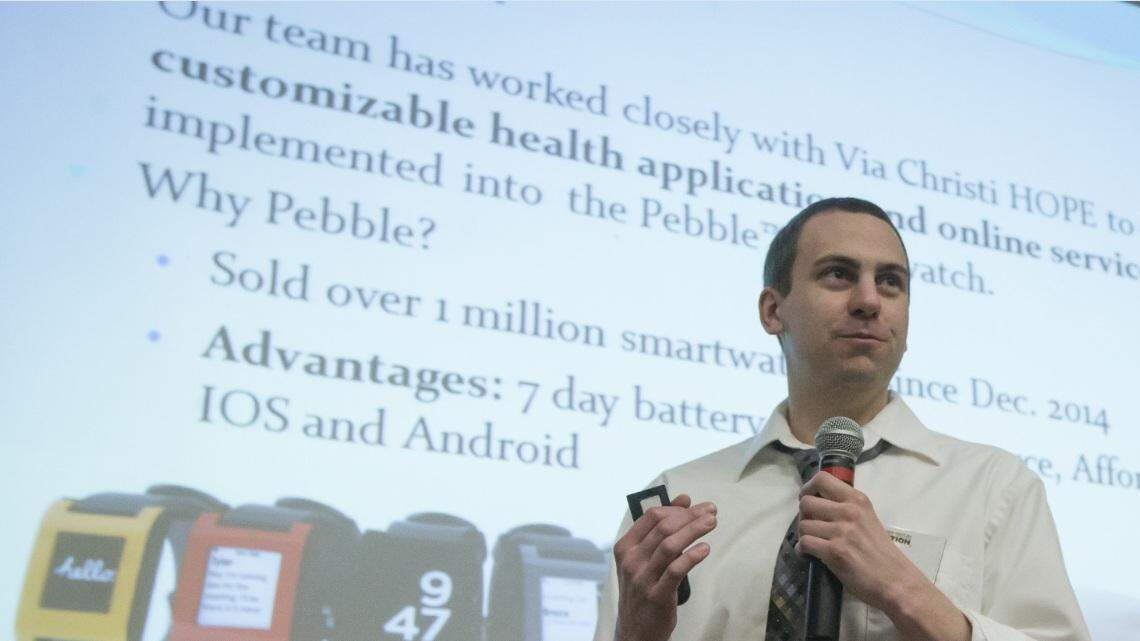 Brandon Bartlett speaks during his team’s presentation in the final round of the Shocker New Competition. Students in WSU’s business college develop businesses and products to vie for money to aid in the launch of their ventures. 

