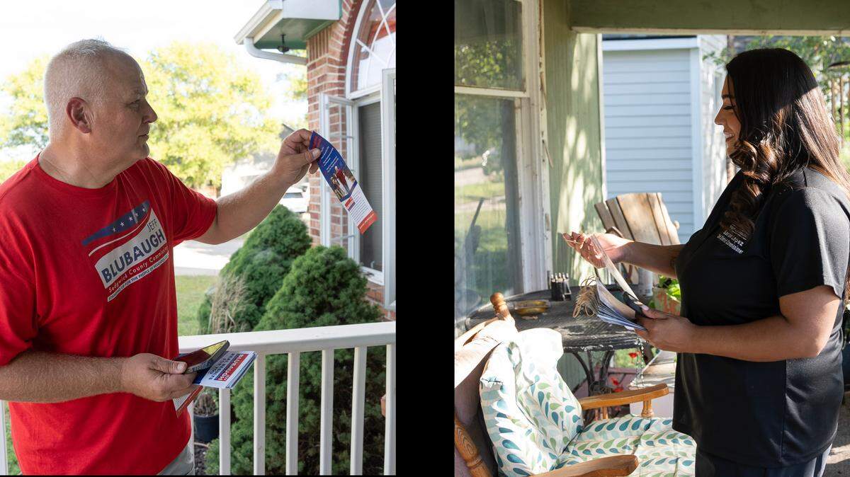 County commission candidates Republican Jeff Blubaugh , left, and Democrat Sarah Lopez knock on doors in District 2 in southwest Sedgwick County.