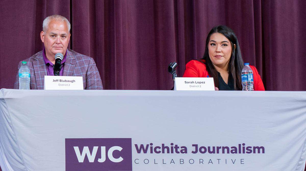 Jeff Blubaugh and Sarah Lopez at a Sept. 24 campaign forum at Friend’s University.
