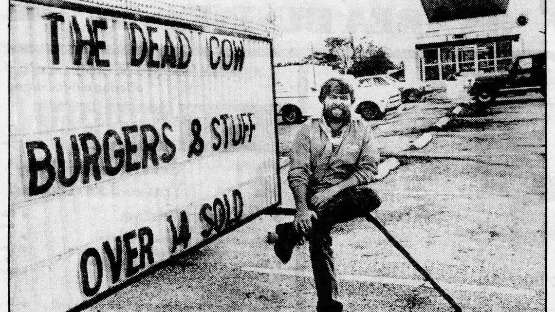 Ken Haberly is pictured outside of his Wichita burger restaurant, The Dead Cow, in 1981.