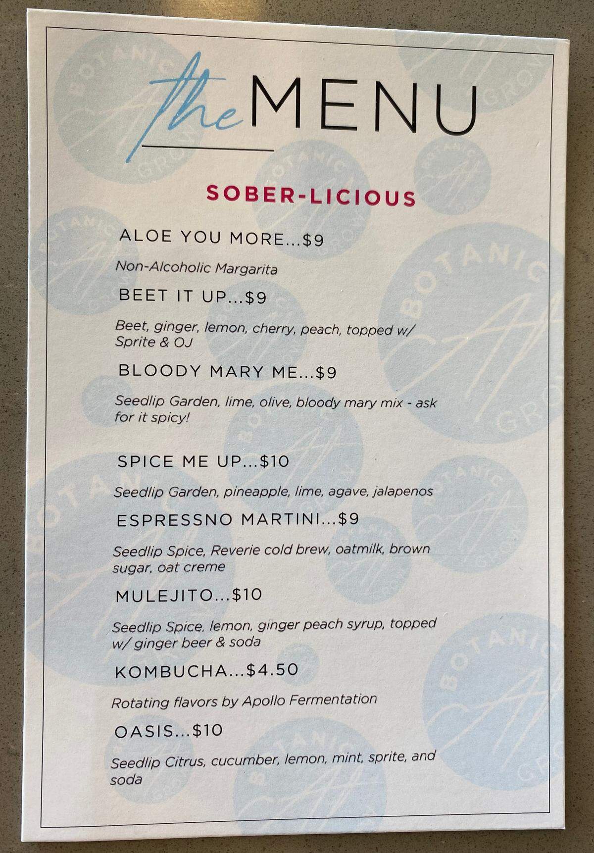 The sober menu at Botanic at Grow