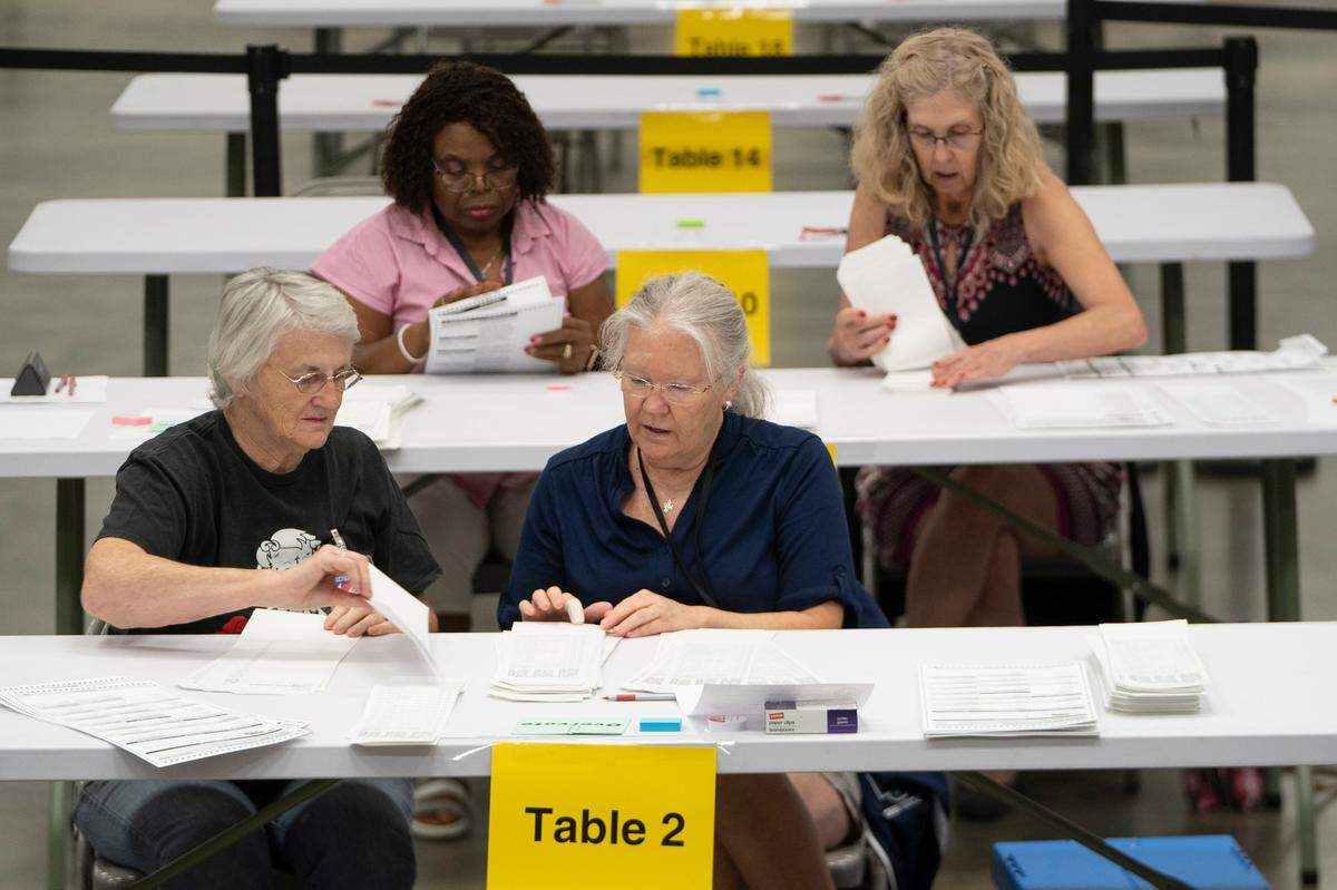 Bipartisan counting teams prepare to recount nearly 150,000 ballots at the Sedgwick County Extension Center on a constitutional amendment that would’ve removed abortion rights from the Kansas Constitution.