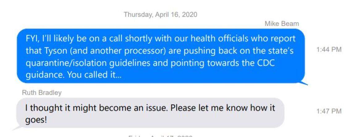 An April 30 text exchange between Kansas Secretary of Agriculture Mike Beam and Ruth Bradley, manager of state and local government relations at Tyson.