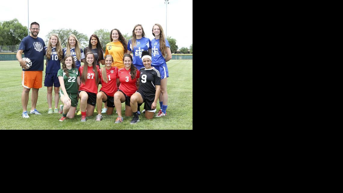2014 Wichita Eagle/VarsityKansas.com All-Metro soccer team. Front row: Bishop Carroll's Baylee Vaughn, Maize's Kelsey Quick, Maize's Katie McClure, Maize's Hadley Davis and Heights' Jada Scott. Back row: Trinity girls soccer coach Tom Nykamp, Trinity's Shiloh Miller, Trinity's Grace Linton, Southeast's Rosa Urista Chico, Bishop Carroll's Jami Reichenberger, Kapaun's Courtney Boswell and Kapaun's Grace Hagan. (June 3, 2014)

