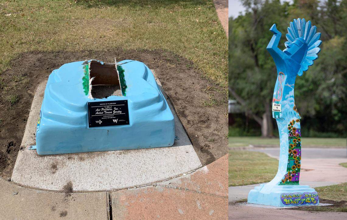 Over the weekend, vandals stole one of the recently installed Keeper statues at Planeview Park by knocking it off its base. At right is a photograph of it taken on August 21, 2020.