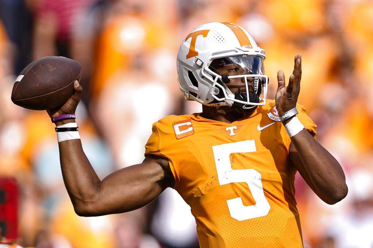 Tennessee quarterback Hendon Hooker (5) is completing 70.6 percent of his passes and has thrown for 2,093 yards with 18 touchdowns vs. only one interception.