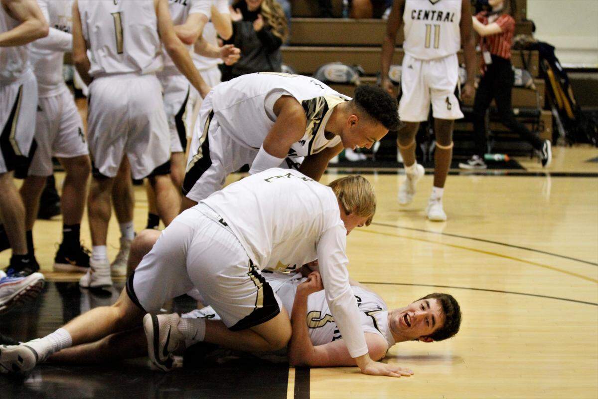 Andover Central mobs senior Easton Leedom.