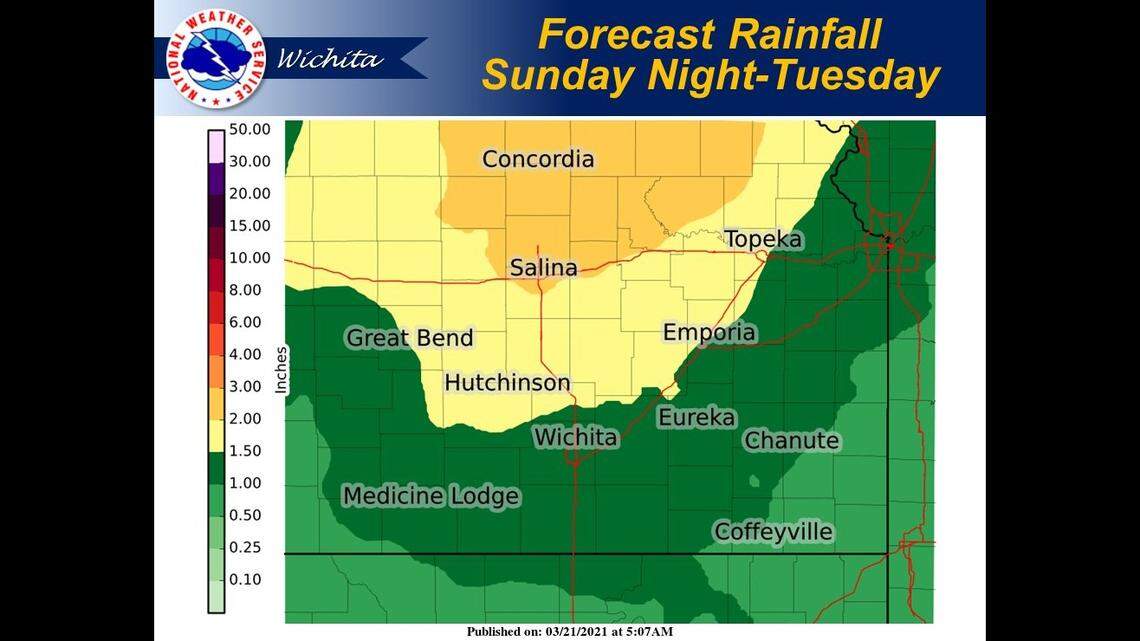 Wichita has a 100% chance for precipitation on Monday with the National Weather Service predicting 1-1.5 inches of rain in the city.
