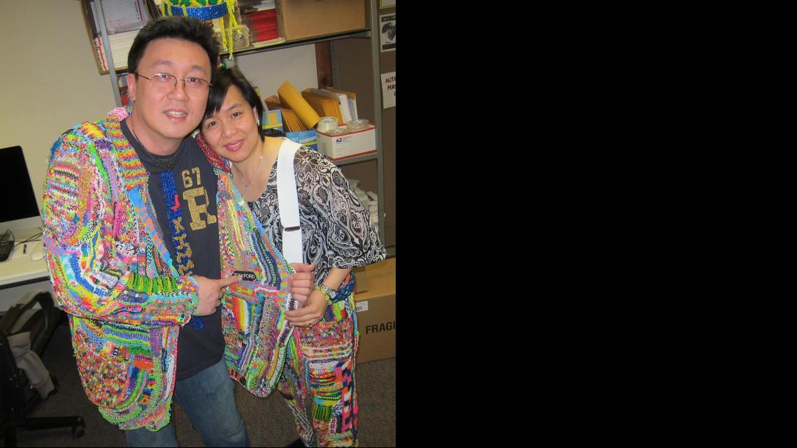 After television talk show host Jimmy Kimmel did a segment last month wearing a suit made entirely of Rainbow Loom rubber band designs, Loom inventor Choon Ng and his wife, Fen, began monitoring an eBay auction. Kimmel’s show offered the suit there to raise money for cancer research. Ng bought the suit himself. 

