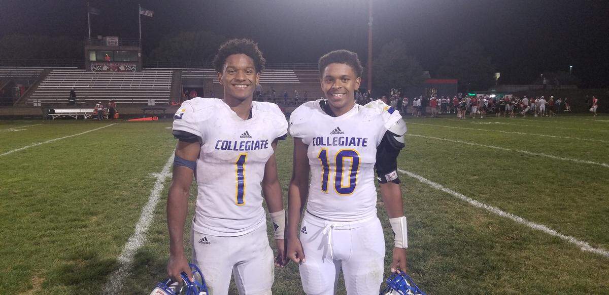 The Fair brothers scored all four touchdowns in Collegiate’s 31-10 victory over Hesston on Friday. Wesley (left) is a sophomore quarterback, while Michael (right) is a senior receiver.