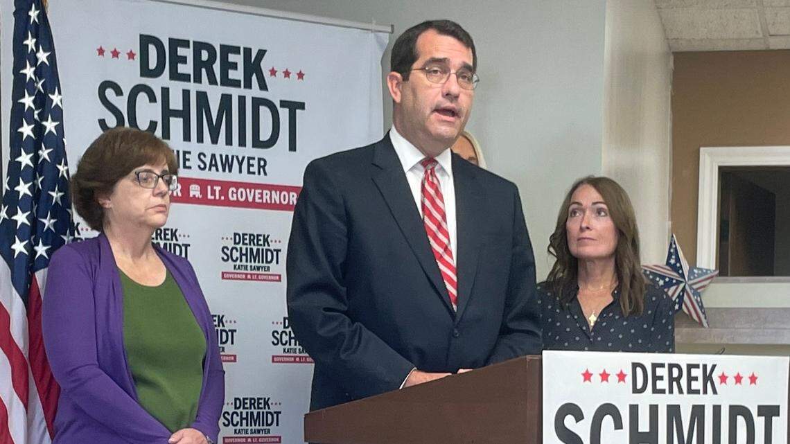 Derek Schmidt, Kansas’ attorney general and Republican nominee for governor, speaks at a campaign stop in Wichita on Sept. 16.