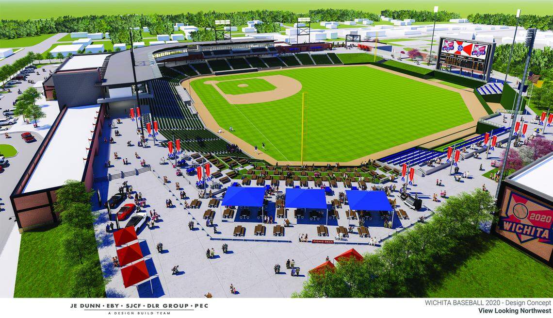 The view from right field of Wichita’s new ball park, showing party and gathering areas.