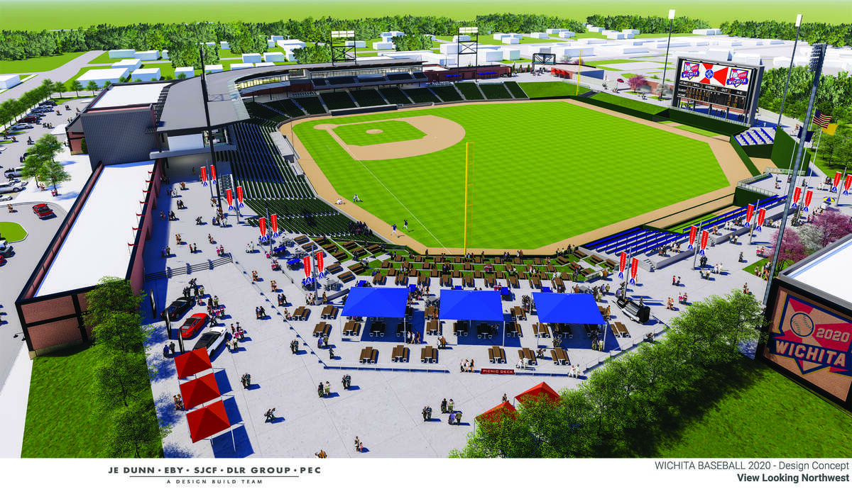The view from right field of Wichita’s new ball park, showing party and gathering areas.