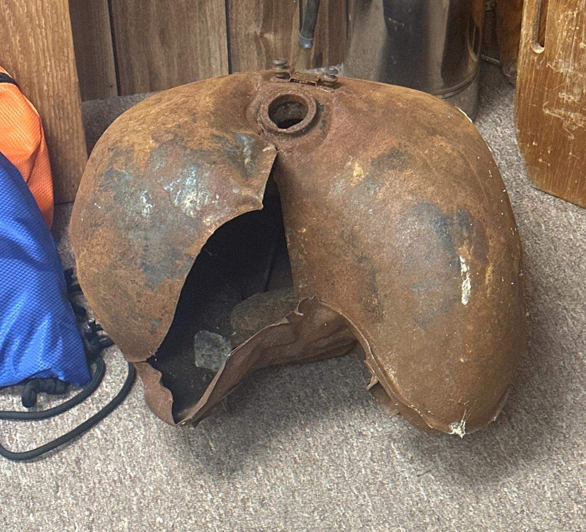 Russell fire chief Dylan Riedel was injured after he responded to a garage fire and this gas tank exploded, engulfing him in flames. He asked and is keeping the gas tank as a reminder of how quickly your life can change.