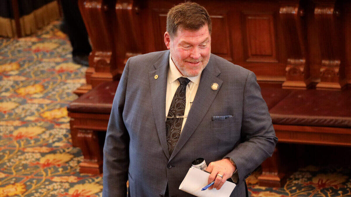 Sen. Jeff Klemp, R-Lansing, says a proposed constitutional amendment would lower property taxes by rolling back the appraised values to 2022 and capping annual increases at 3%. He is pictured here during a March 26, 2025, session of the Senate.