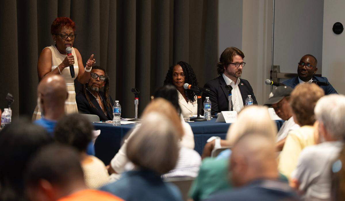 Wichita City Council candidate Aujanae Bennett answers a question during a District 1 candidate forum sponsored by the Wichita Journalism Collaborative and held at Wichita State University on July 15.