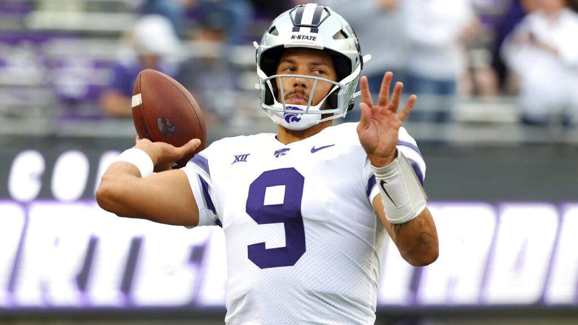 Kansas State quarterback Adrian Martinez (9) warms up before an NCAA college football game against TCU, Saturday, Oct. 22, 2022, in Fort Worth, Texas.