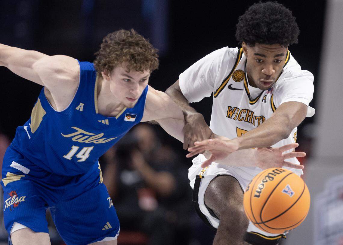 Wichita State’s Brian Amuneke steals the ball from Tulsa’s Miles Barnstable during the first half of their AAC tournament semifinal game on Saturday in Birmingham.