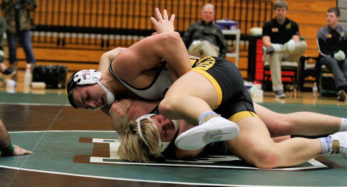 Newton senior wrestler Wyatt Hendrickson pins Derby’s Tyler Allen during the Railers’ 34-30 road dual loss against the Panthers on Thursday night. (Jan. 17, 2019)