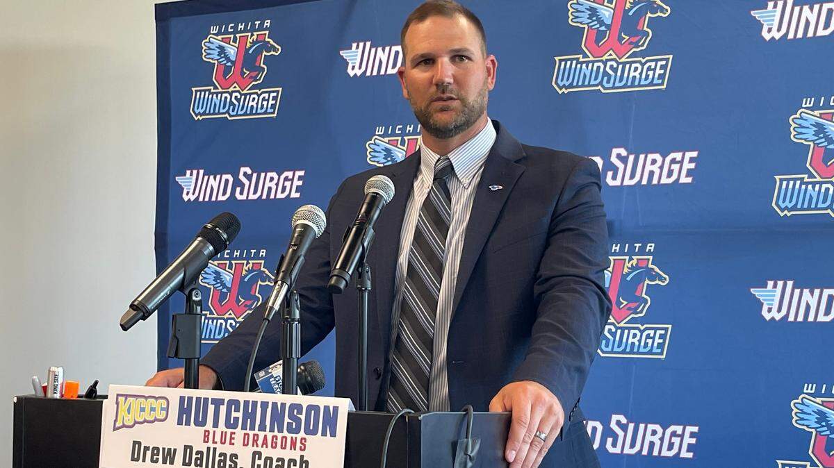 Hutchinson Community College coach Drew Dallas speaks at Jayhawk Conference Media Day after the Blue Dragons were picked to once again win the conference this fall.