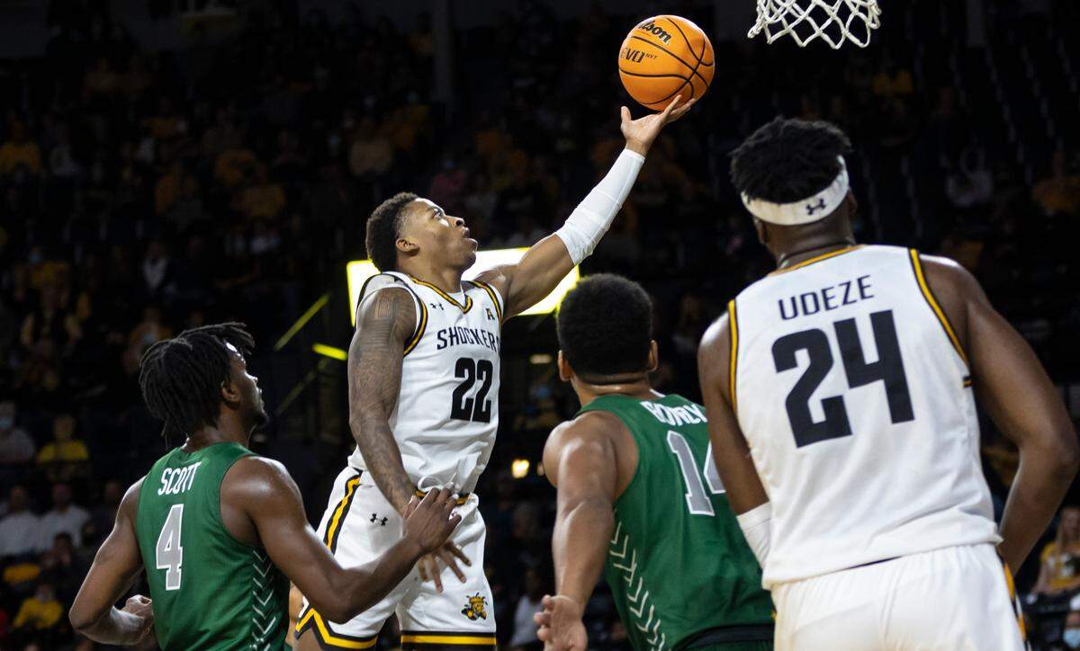 Wichita State’s Qua Grant makes a layup against Missouri Southern during the second half of their exhibition game at Koch Arena on Monday night.