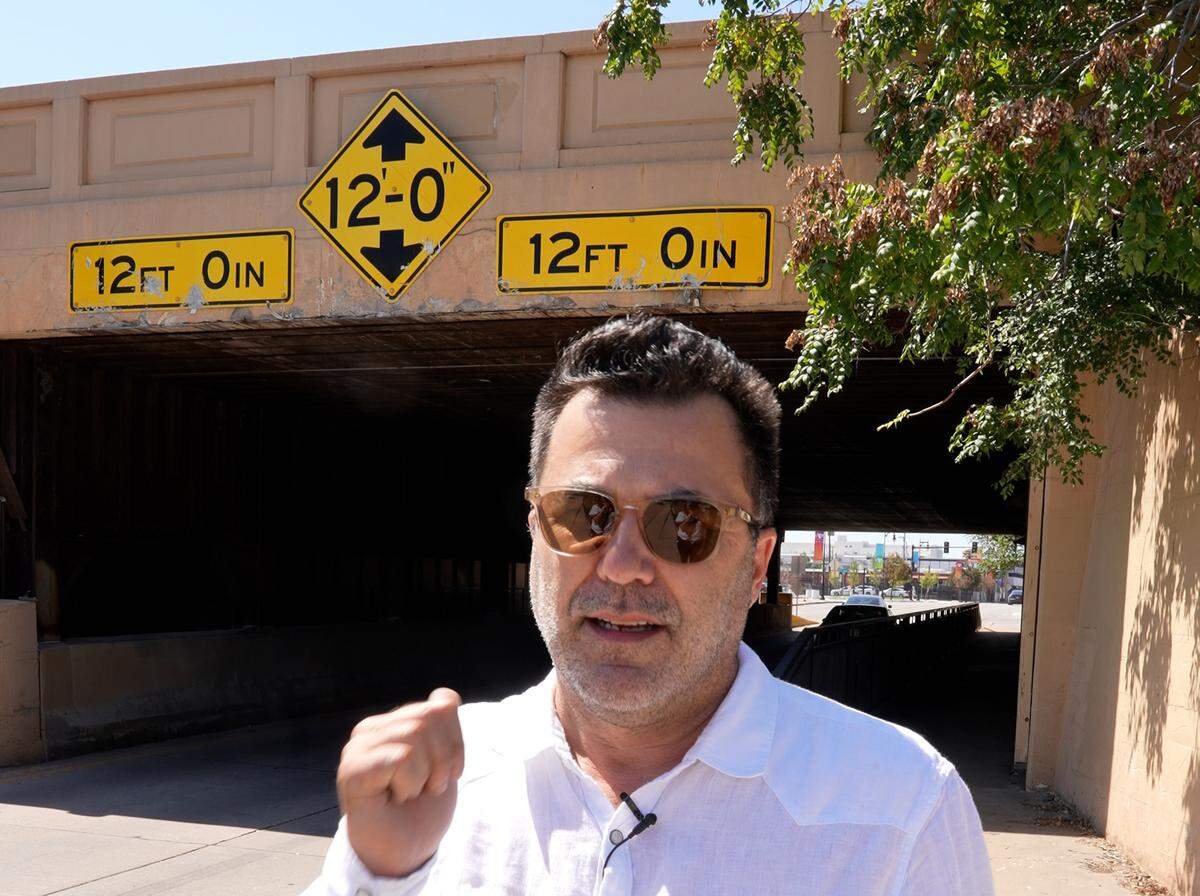 Countless trucks have wrecked at this low-clearance bridge on Waterman. Nearby business owner Bruce Rowley has spent a decade documenting the crashes at what he calls the city’s “truck-killing bridge.”