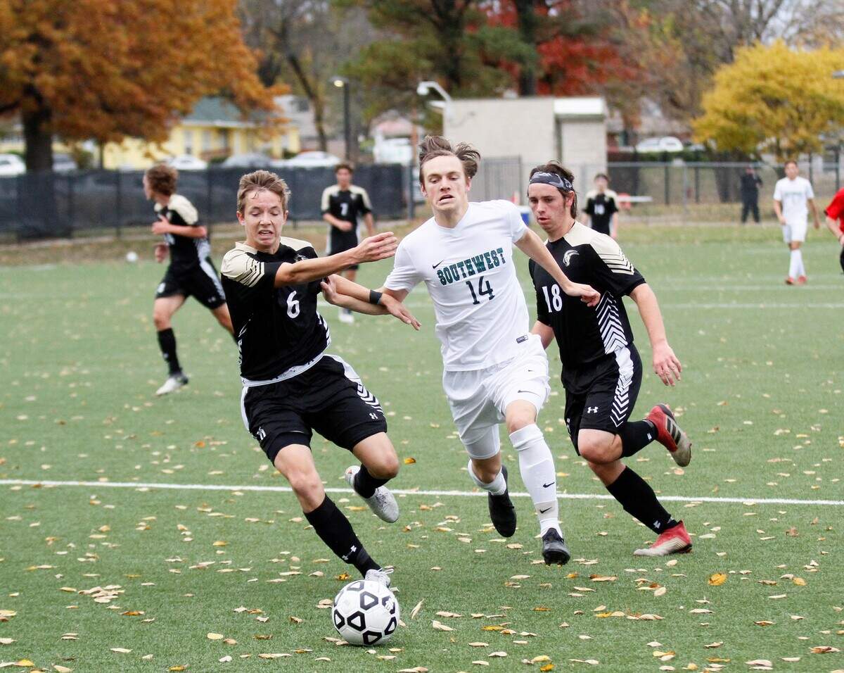 Maize South’s Jack Manske battles for a ball during the Class 5A state championship game Saturday in Topeka. (Nov. 3, 2018)