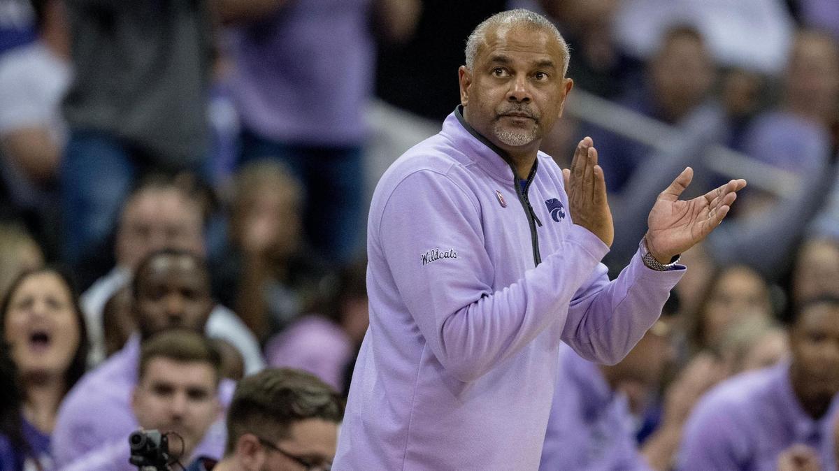 Kansas State Wildcats coach Jerome Tang celebrates a score against the Iowa State Cyclones during a game in the Big 12 men’s basketball tournament on Thursday, March 14, 2024, in Kansas City.