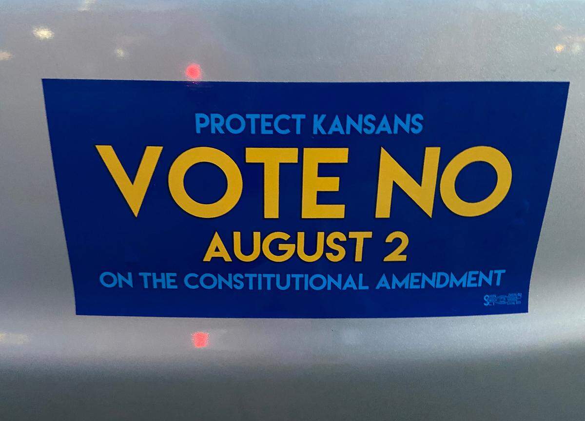 A Vote No on August 2 bumper sticker on a car in Old Town. (June 6, 2022)