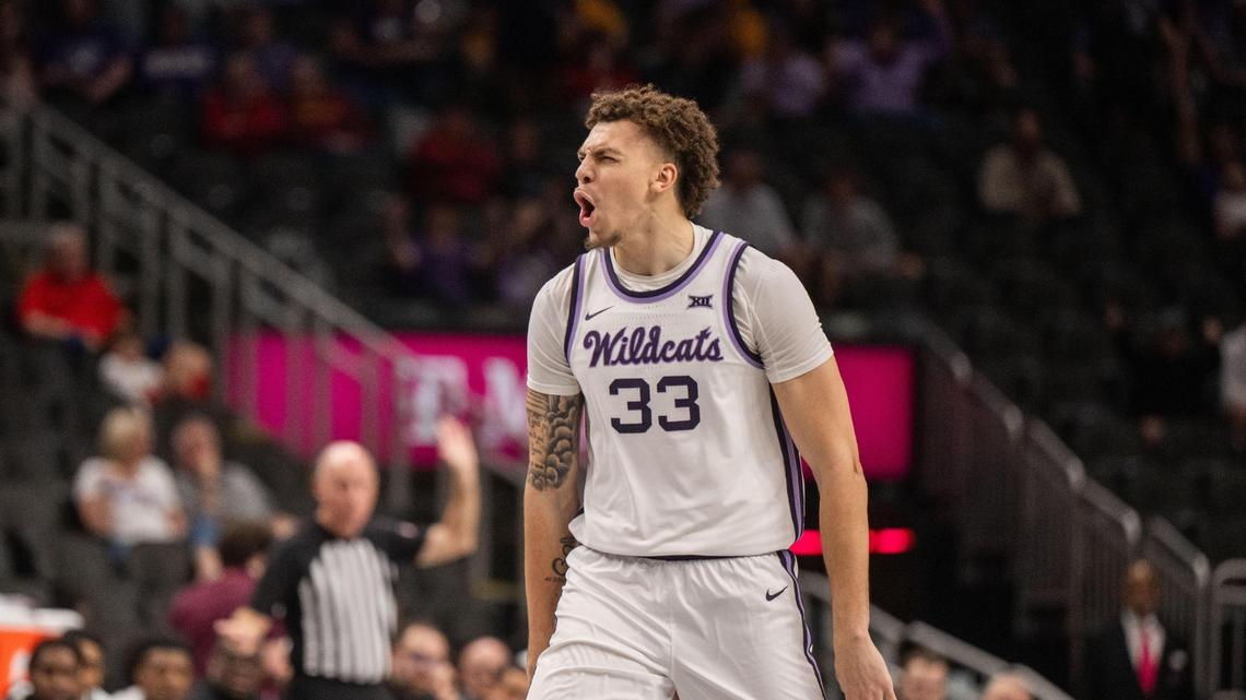 Kansas State Wildcats forward Coleman Hawkins celebrates after a made 3-pointer in the first half of the Big 12 Championship First Round game vs. the Arizona State Sun Devils on Tuesday, Mar. 11, 2025 at T-Mobile Center.