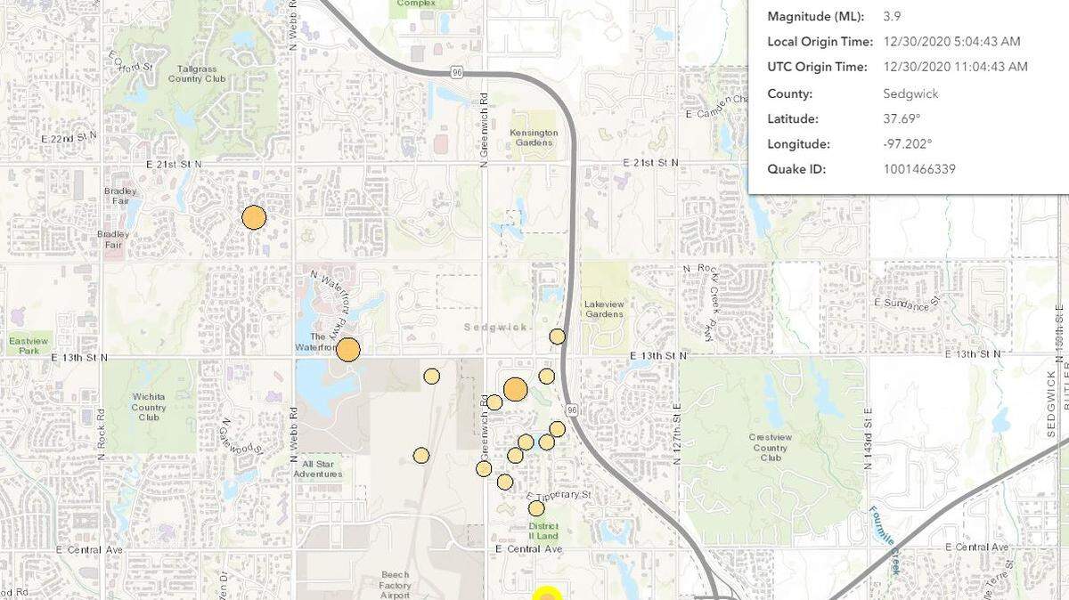 The Kansas Geological Survey has reported 18 earthquakes centered in Wichita since Nov. 26. The largest is a 3.9 magnitude on Wednesday that is highlighted on the map.