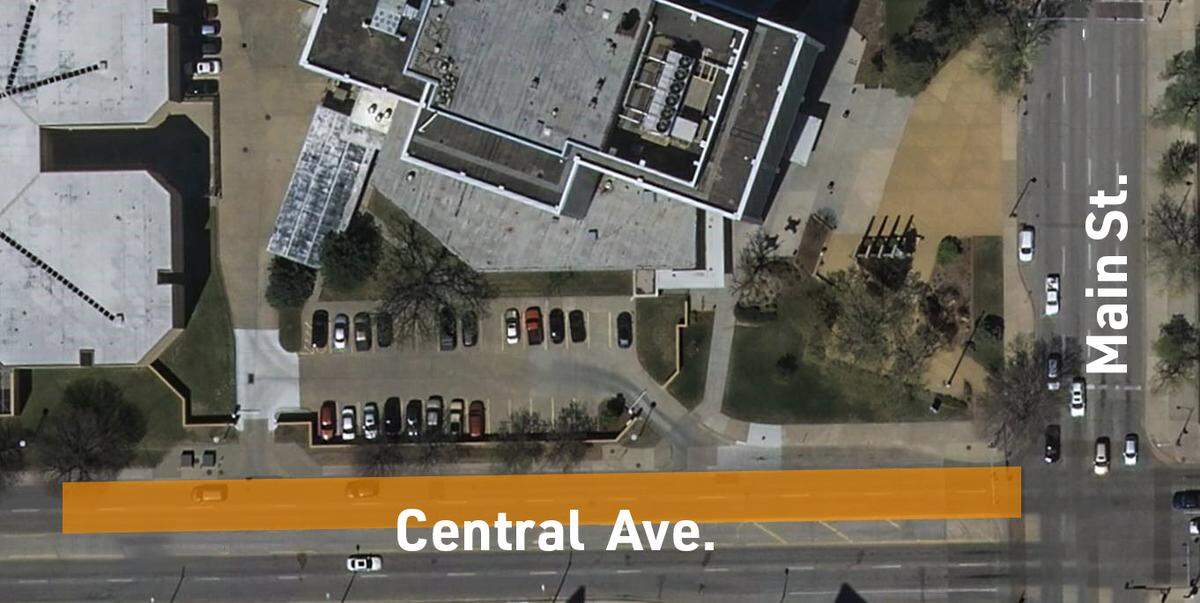 Highlighted in orange is a portion of Central Avenue that will be partially closed starting on Tuesday to allow a crane to lift cooling towers onto the roof the Sedgwick County courthouse.
