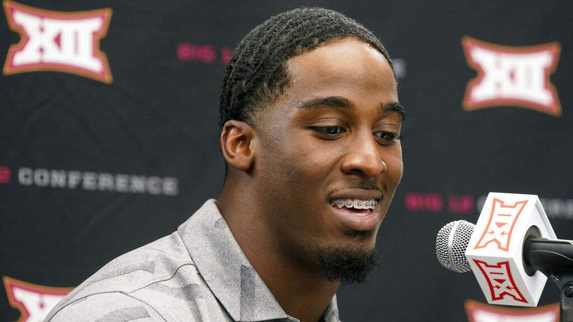 Iowas State running back Breece Hall speaks to reporters during the NCAA college football Big 12 media days Wednesday, July 14, 2021, in Arlington, Texas. (AP Photo/LM Otero)