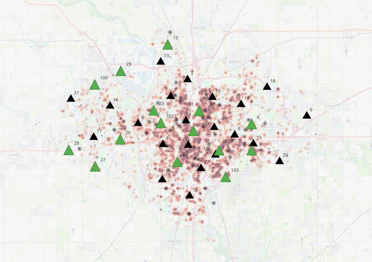 The Wichita Eagle mapped 10 years of Wichita Fire Department data on fire responses and a proposed list of new fire stations to see what areas would benefit from new stations and what areas are under-served. This map shows new stations as green triangles and existing stations in black triangles. The areas shaded red have seen the most slow response times to fire calls. The smallest dots within the map show where residents lost more than half of their property value in a fire. The larger dots are fire injuries. The points on the map with dark shaded rings surrounding them are fire deaths.