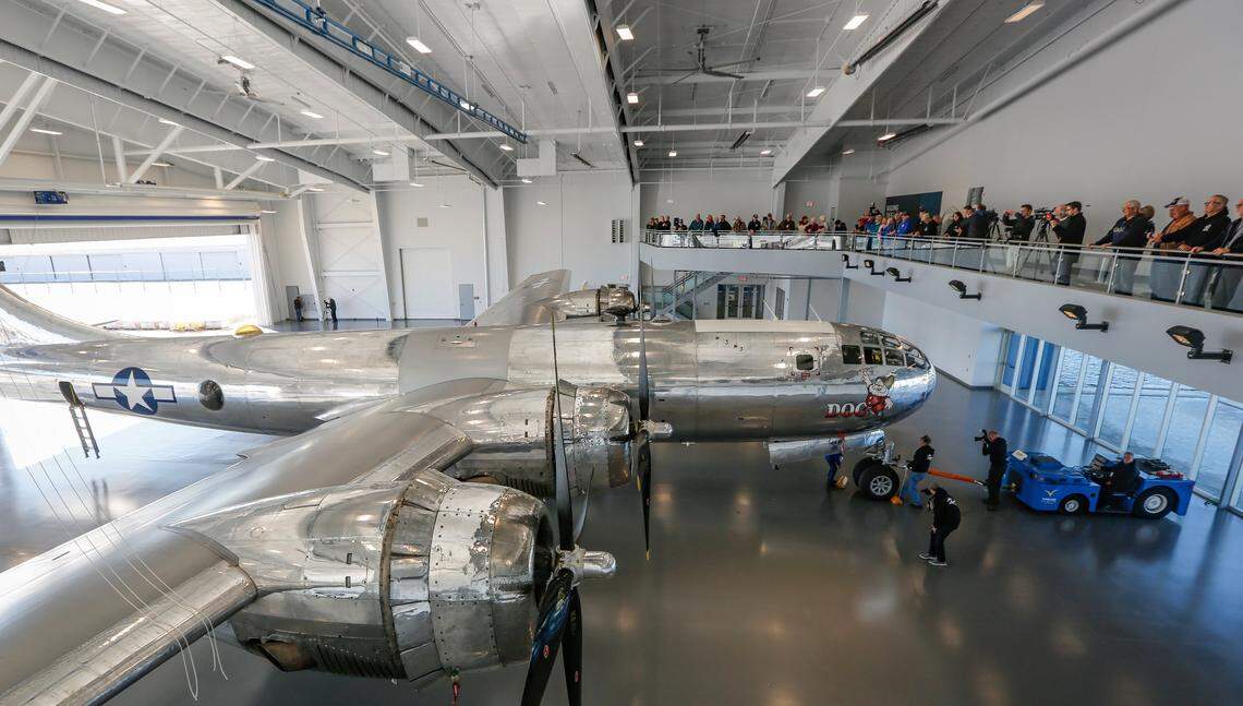 The B-29 'Doc' pulls into its hangar at Wichita's Eisenhower Airport. The hangar serves as the permanent home 'Doc', the B-29 that was built in Wichita in 1944 and restored back to flight starting in 2000.