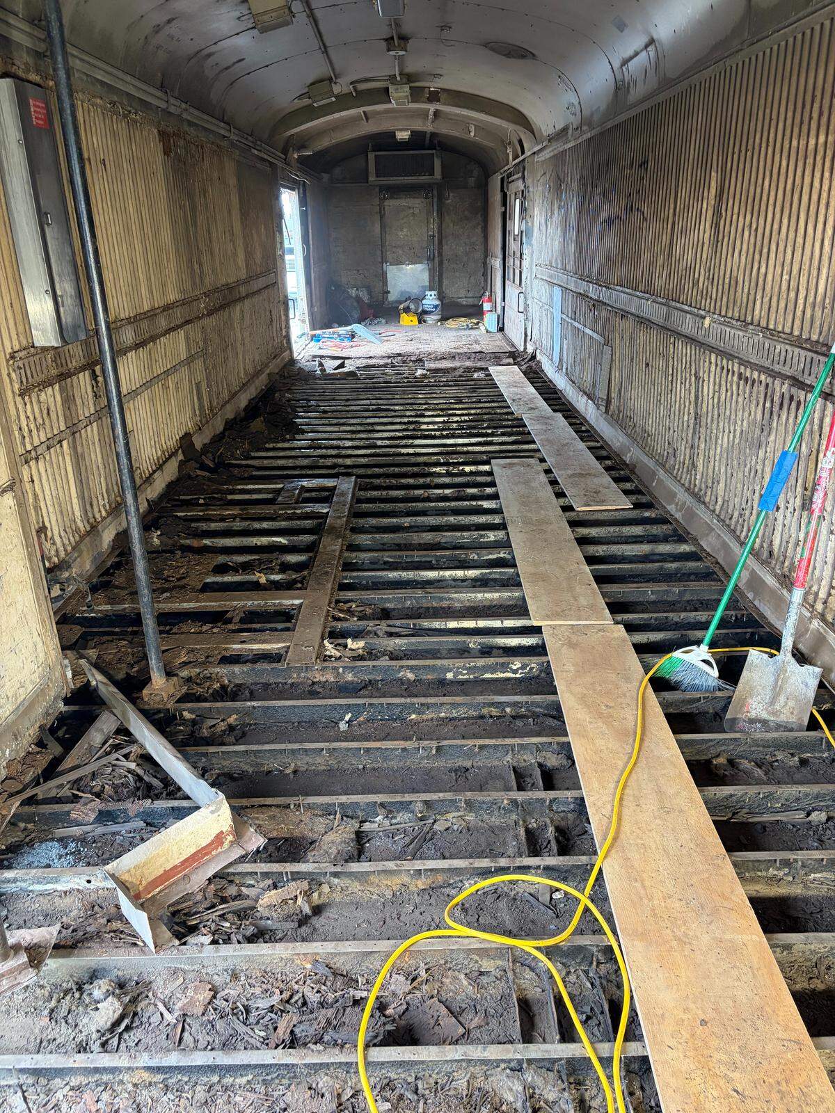 The floor of this former baggage car had to be replaced as part of its remodeling to become an event center for the Great Plains Transportation Museum.