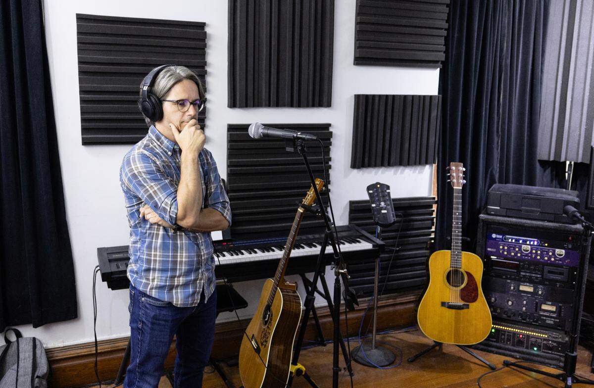 Sometimes on Sunday singer and guitarist Toby Tyner works on the band’s second album, “Stories We Tell Ourselves,” at Greenjeans Studio in Wellington last June.
