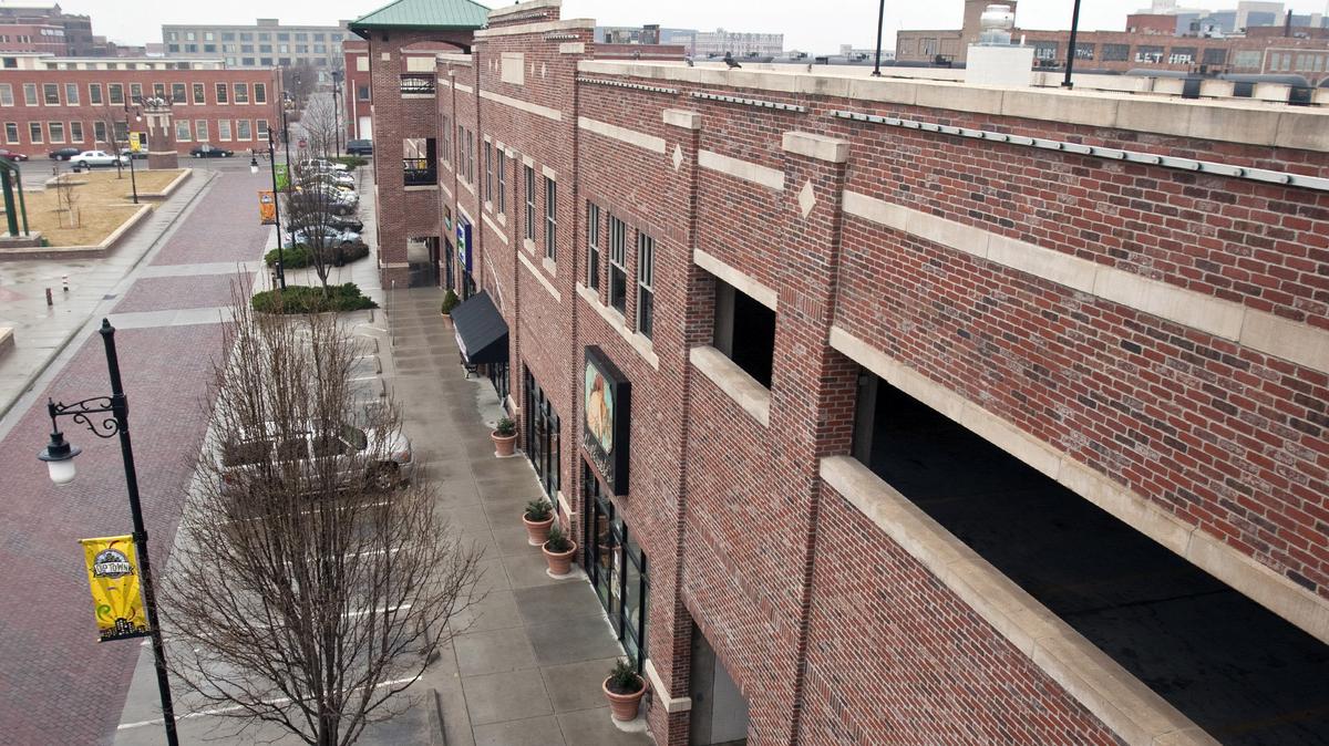 Shops along the west edge of Old Town Square, south of the parking garage, in 2010.