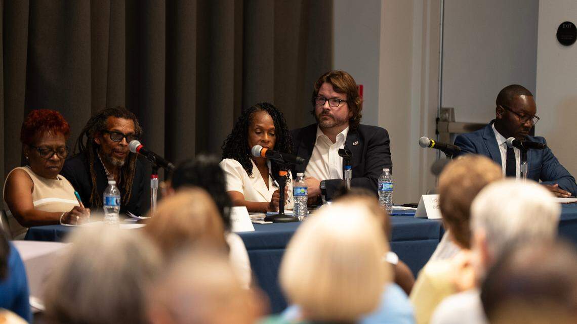 All five candidates for Wichita City Council in District 1 participated in a candidate forum July 15 sponsored by the Wichita Journalism Collaborative and held at Wichita State University. The candidates, from left to right: Aunjanae Bennett, Darryl Carrington, LaWanda DeShazer, Chris Pumpelly and Joseph Shepard.