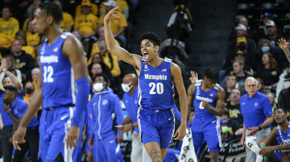 Memphis forward Josh Minott celebrate a three pointer during the first half of their game against Wichita State on Saturday at Koch Arena.