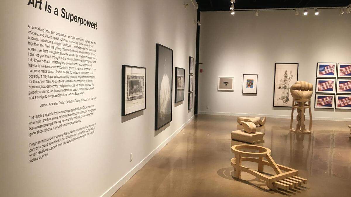 “Art is a Superpower!” showcases some of the Ulrich Museum’s acquisitions over the past five years. Curator James Porter has included works that look at identity, patriotism, human rights and democracy.