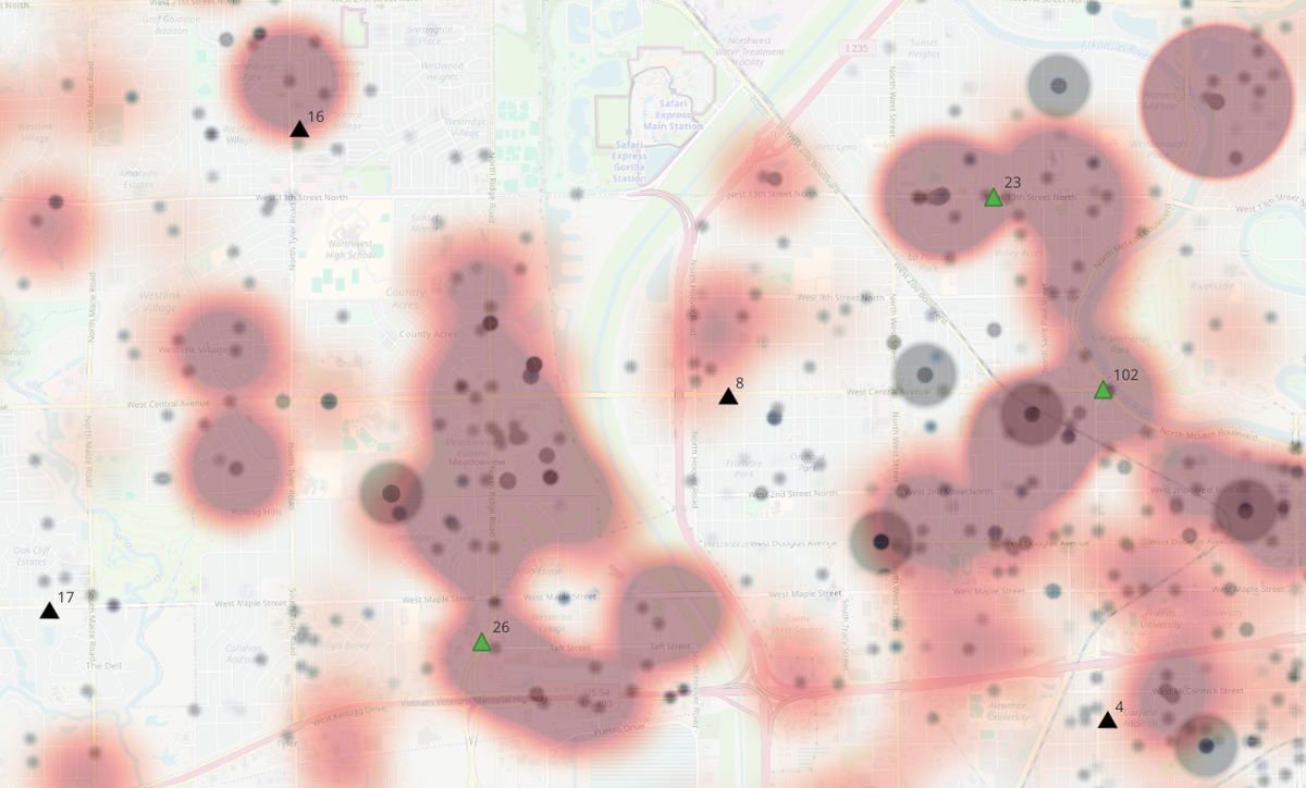 Northwest Wichita, pictured above from Maize Road to McLean from 21st to Kellogg, has major service gap areas between fire stations. The areas shaded red have slow response times while dots are fire injuries and major property damage. The dark colored dots with dark shading around them are fire-related deaths. Existing stations are black triangles; proposed stations are green triangles.