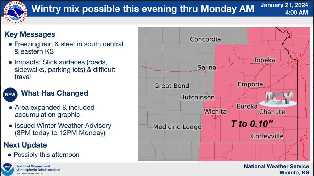 The National Weather Service will issue a winter weather advisory as Wichita is expected to get freezing light rain and sleet Sunday night into Monday morning. 