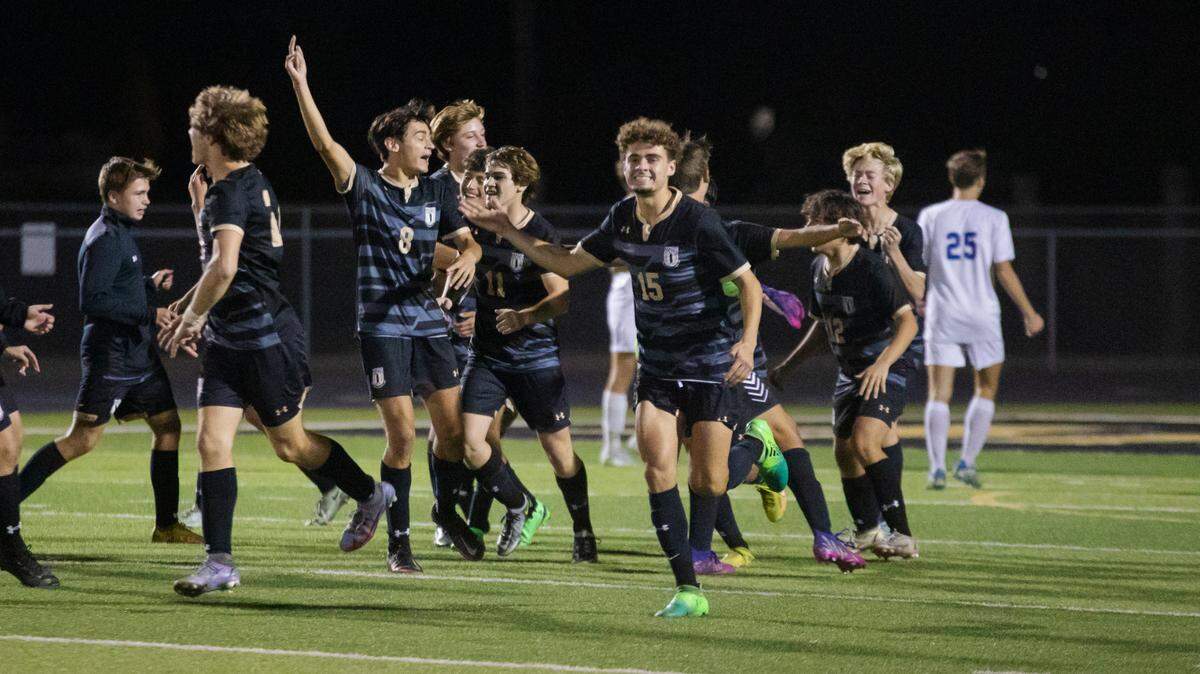 The Maize South boys soccer team celebrates its 2-1 victory over Andover in the Class 5A quarterfinals on Tuesday. The Mavericks return to the state semifinals for the fourth time in the last five years on Friday.