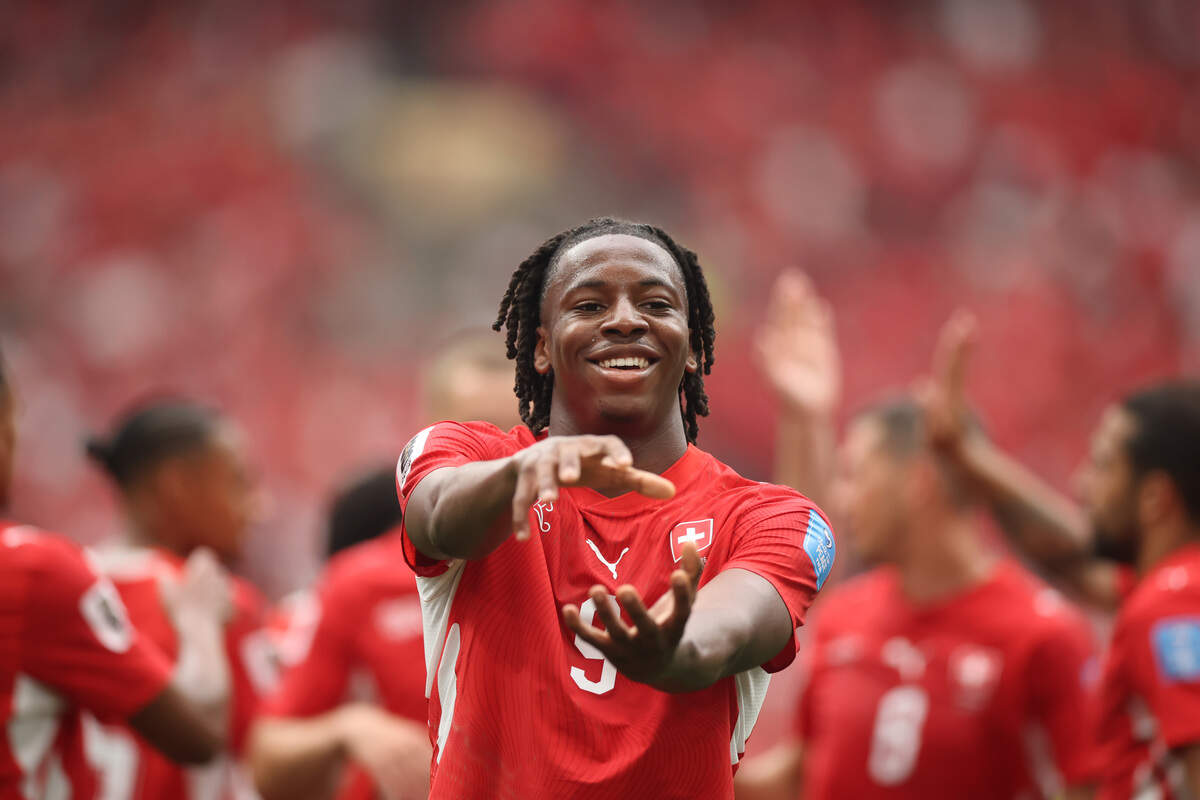 Johan Manzambi #9 of Switzerland celebrates scoring his team's second goal during the FIFA World Cup 2026 Group B match between Switzerland and Canada at BC Place Vancouver on June 24, 2026 in Vancouver, British Columbia.