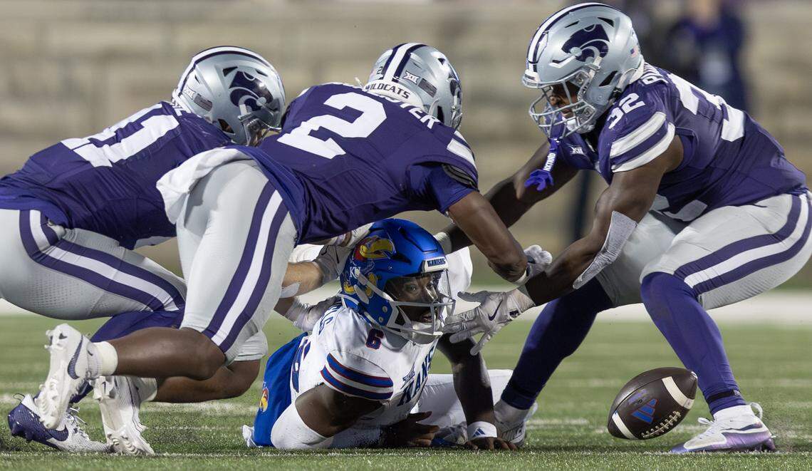 KU quarterback Jalon Daniels fumbles the ball during the fourth quarter of the Jayhawks’ game against Kansas State at Bill Snyder Family Stadium on Oct. 25, 2025. The fumble led to a K-State field goal and 29-27 Wildcats victory.