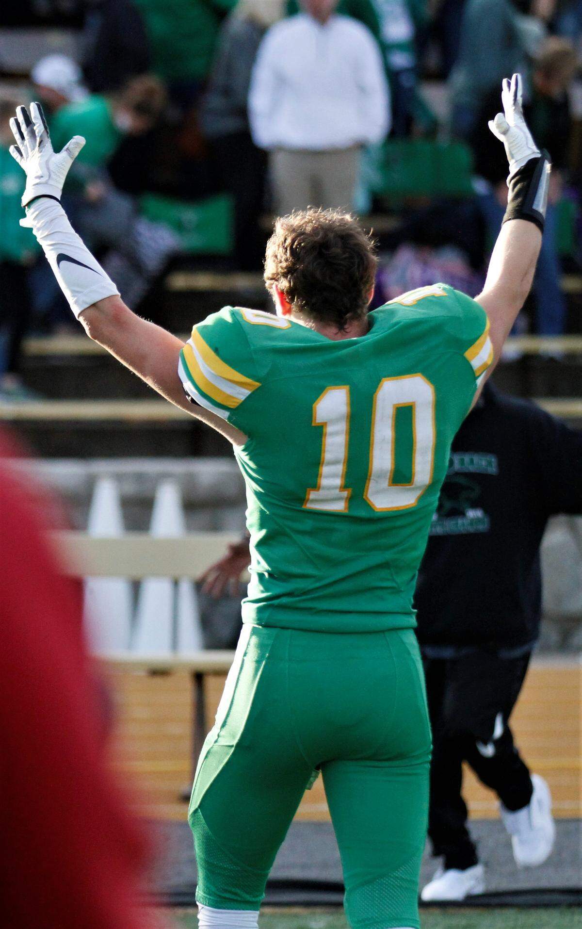 Derby senior cornerback Dax Benway looks to the sideline after winning the 2018 Kansas Class 6A state championship Saturday in Emporia. (Nov. 24, 2018)