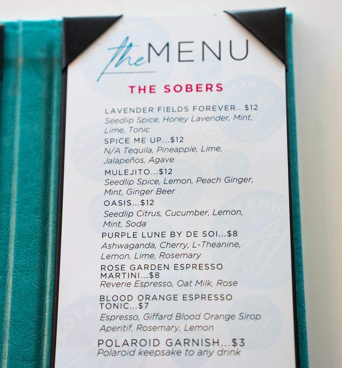 The current mocktail menu at Grow. Bar managers will switch it up for spring in a few weeks.
